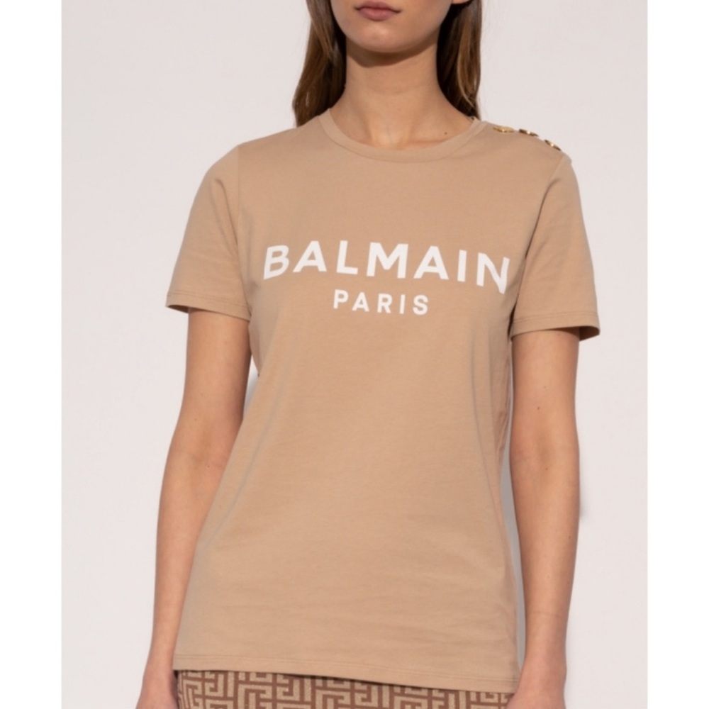 Balmain Beige Logo Short-Sleeve Tee with Gold Buttons